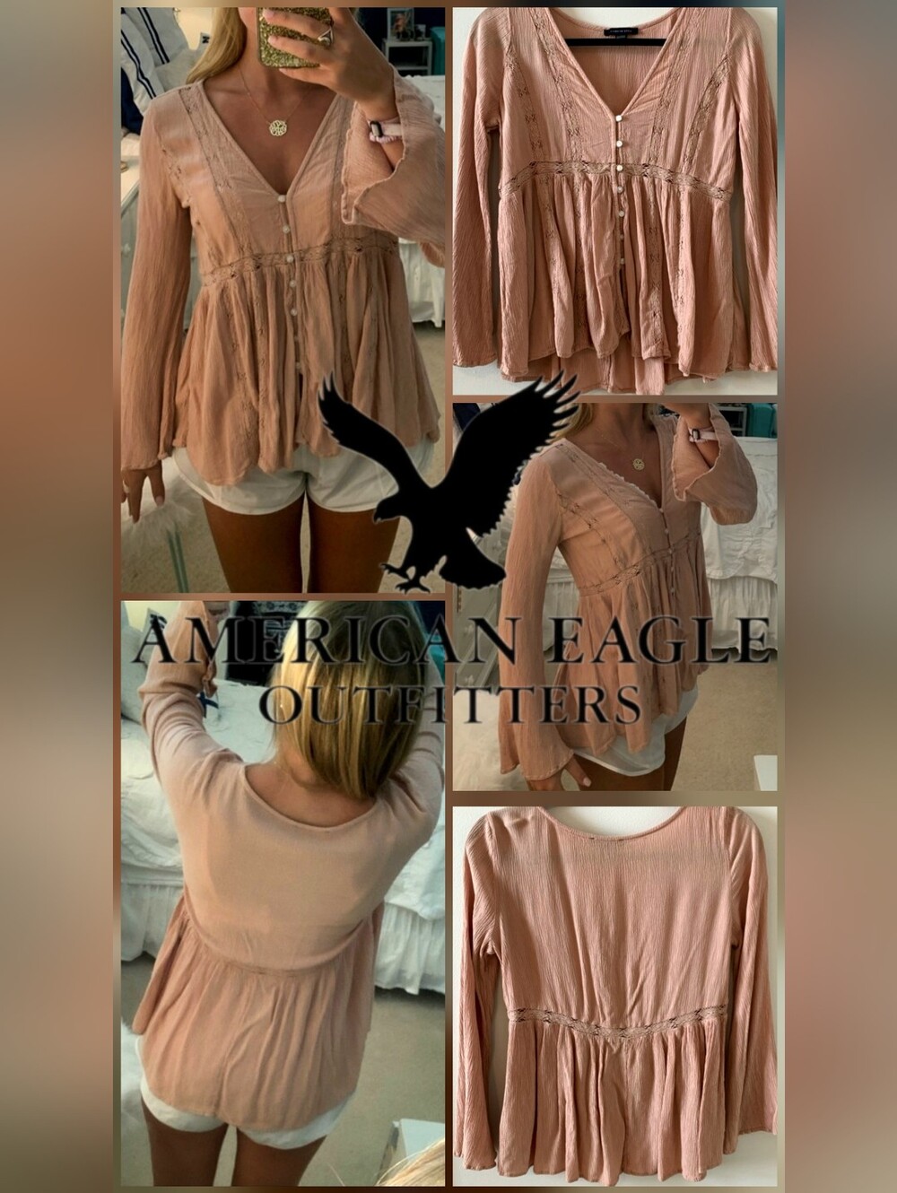American Eagle Outfitters Long Sleeve Baby Doll Peasant Blouse Dusty Rose